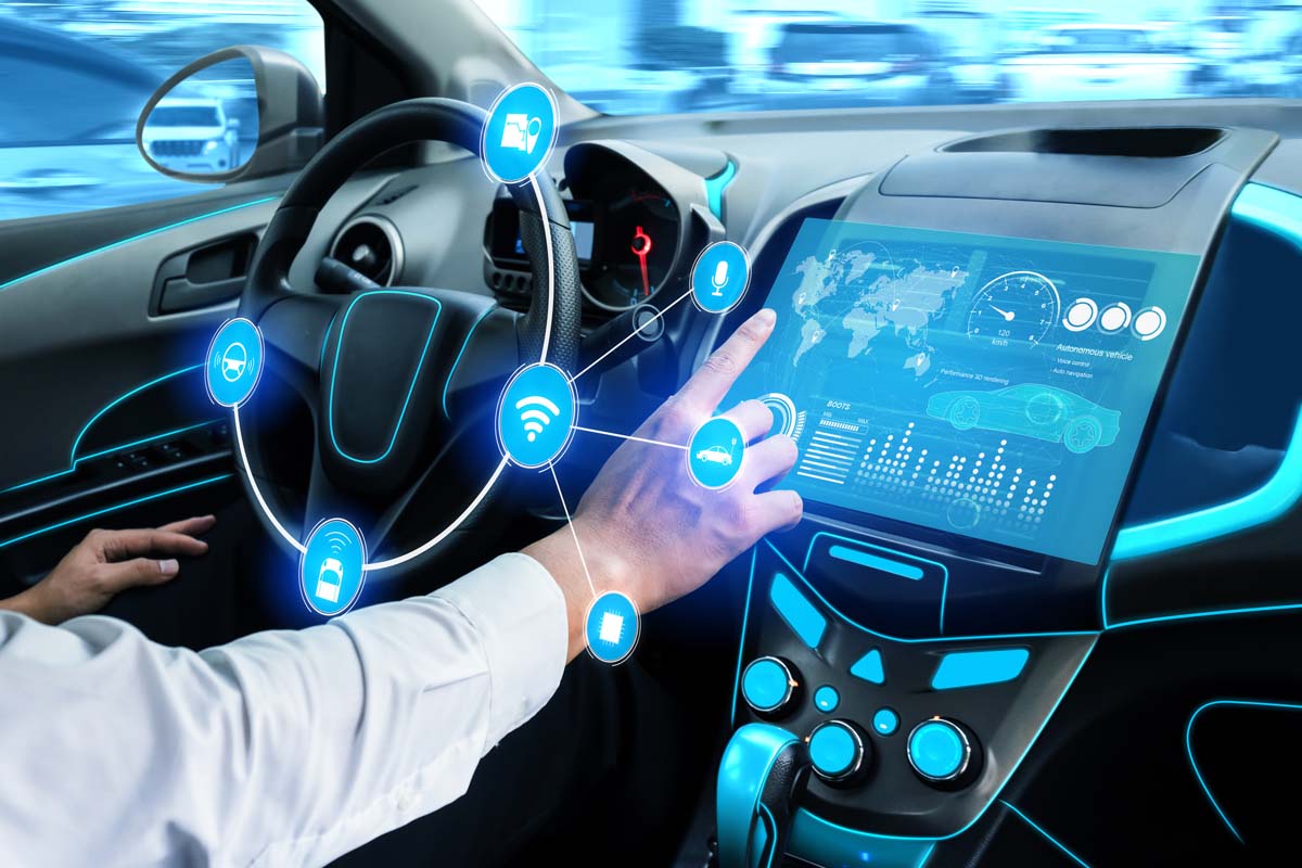 Connected vehicle dashboard with digital network overlay