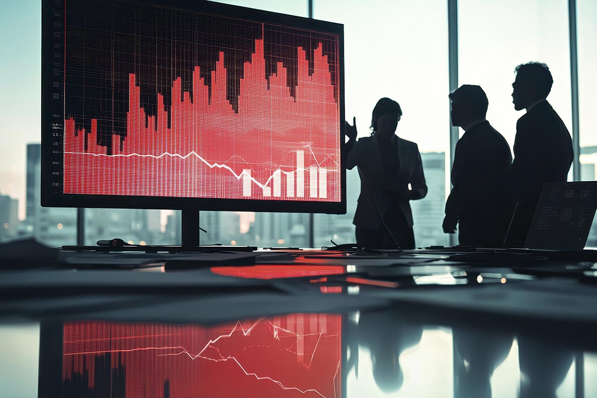 Business leaders reviewing risk data in boardroom